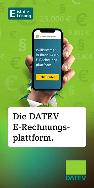 Ein Smartphone mit Text "Willkommen in Ihrer DATEV-E-Rechnungsplattform". Claim: Die DATEV-E-Rechnungsplattform.